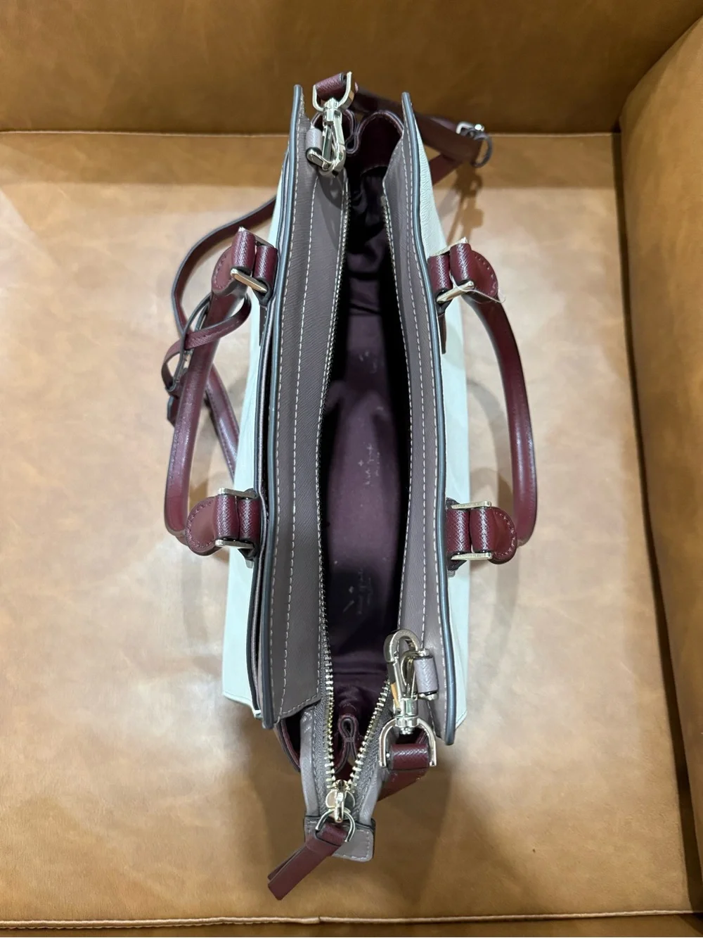 kate spade Cream Canvas and Burgundy Leather Satchel